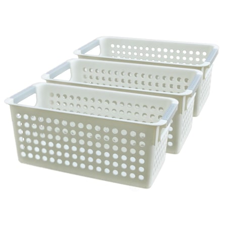 Decoracion Rectangular Plastic Shelf Organizer Basket with Handles, White - Set of 3 DE2641805